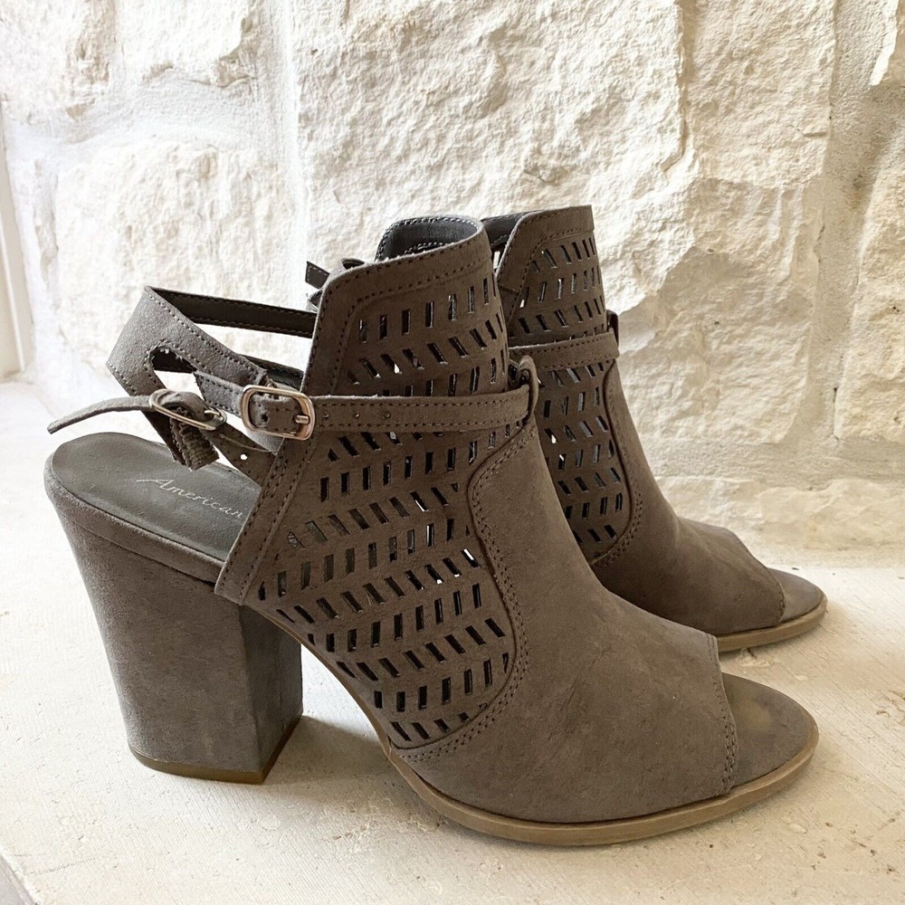 American Eagle Peep Toe‎ Size 9 Vegan Suede Buckled Bootie Brown Block Heels